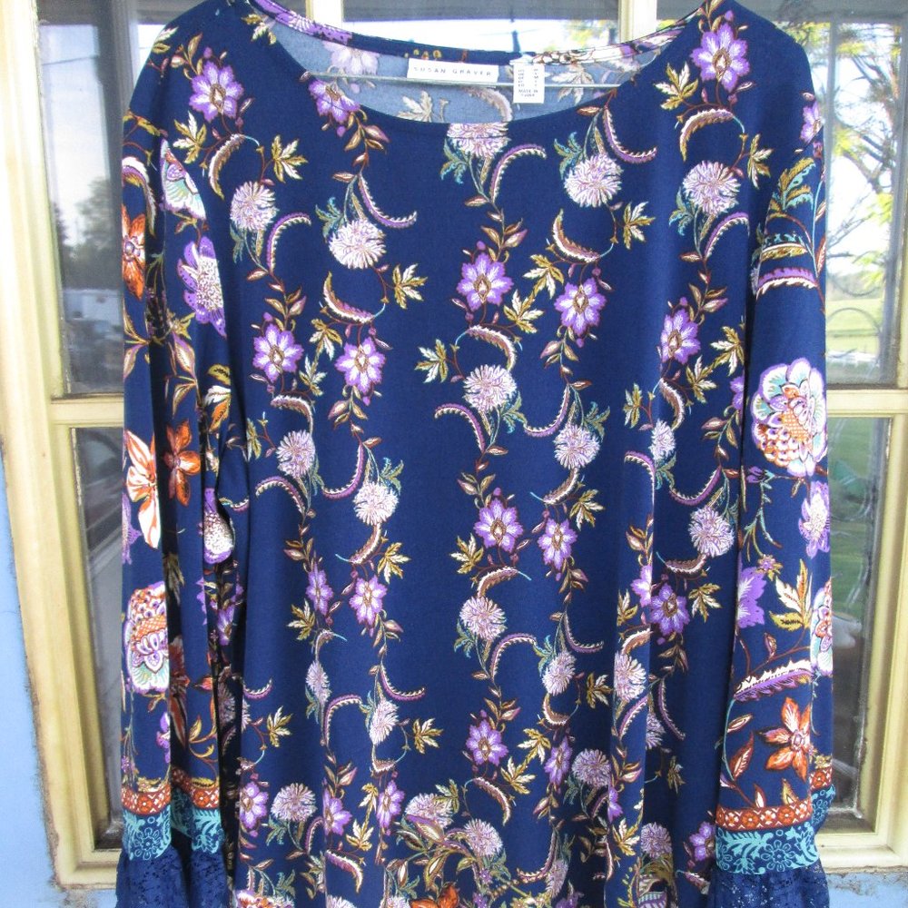 Susan Graver Floral Pattern Liquid Knit 3/4 Sleeve Tunic Top - M Navy Purple